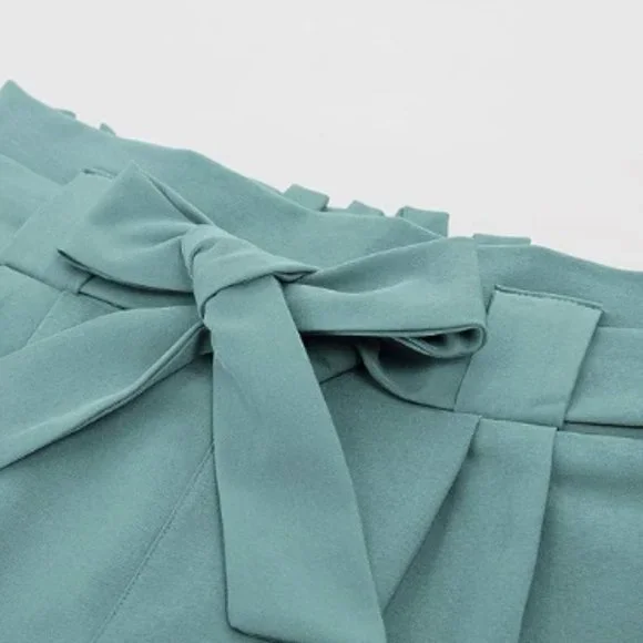 Grace Karin Smoke Blue Paper Bag Waist Cropped Pencil Pant with‎ Tie Ankle - Picture 3 of 5